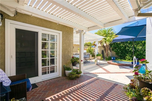 3191 Woodstock Rd, Rossmoor, CA 90720 - view of patio / terrace featuring a hot tub, a pergola, and outdoor dining space
