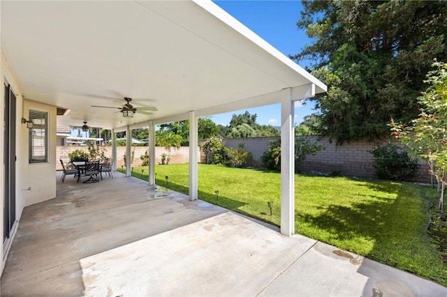 1581 Manor Ln, Glendora, CA 91741 - fenced backyard featuring a ceiling fan, a patio area, and outdoor dining area