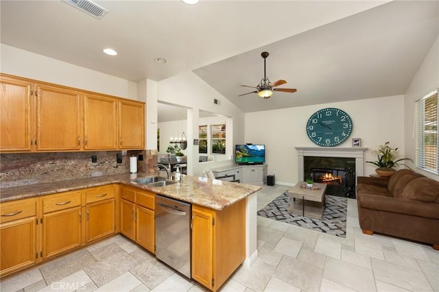 1581 Manor Ln, Glendora, CA 91741 - kitchen with dishwasher, open floor plan, lofted ceiling, a ceiling fan, and a peninsula