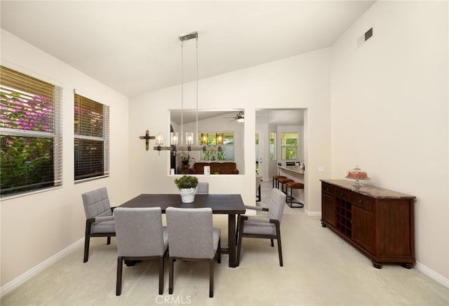 1581 Manor Ln, Glendora, CA 91741 - dining space with vaulted ceiling, light colored carpet, and ceiling fan