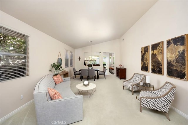1581 Manor Ln, Glendora, CA 91741 - living area featuring carpet, healthy amount of natural light, vaulted ceiling, and a chandelier