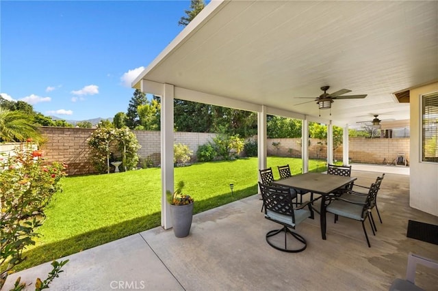 1581 Manor Ln, Glendora, CA 91741 - fenced backyard featuring outdoor dining area, ceiling fan, and a patio