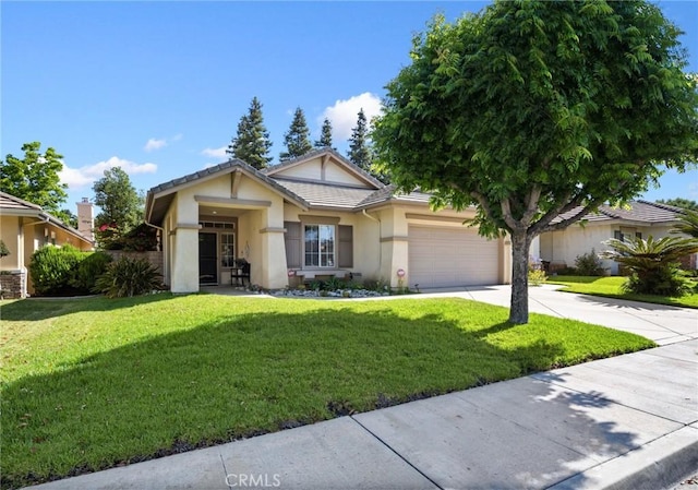 1581 Manor Ln, Glendora, CA 91741 - view of front of house with stucco siding, concrete driveway, an attached garage, a front yard, and a tiled roof