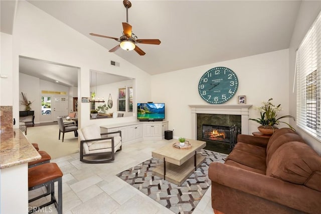 1581 Manor Ln, Glendora, CA 91741 - living area featuring a premium fireplace, vaulted ceiling, and ceiling fan