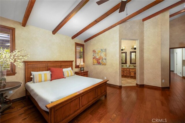 1581 Manor Ln, Glendora, CA 91741 - bedroom with multiple windows, beam ceiling, dark wood-style floors, connected bathroom, and high vaulted ceiling