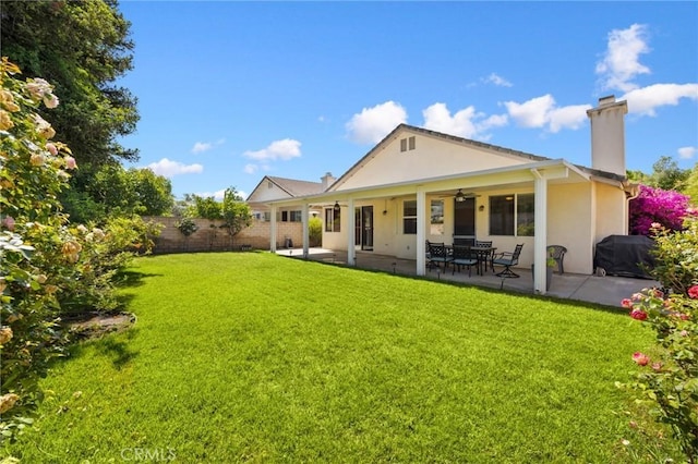 1581 Manor Ln, Glendora, CA 91741 - rear view of house featuring ceiling fan, a patio, a chimney, and stucco siding