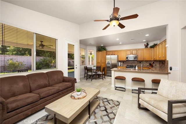 1581 Manor Ln, Glendora, CA 91741 - living room featuring a ceiling fan, recessed lighting, and vaulted ceiling