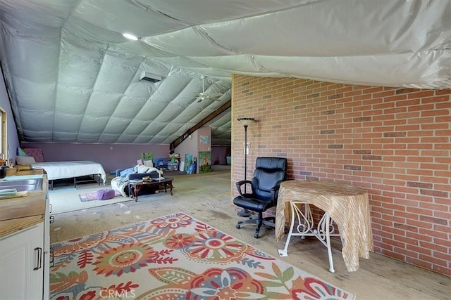 13001 Yuba Nevada Rd, Dobbins, CA 95935 - bedroom featuring brick wall and vaulted ceiling