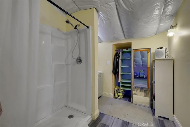 13001 Yuba Nevada Rd, Dobbins, CA 95935 - bathroom featuring wood finished floors and a shower