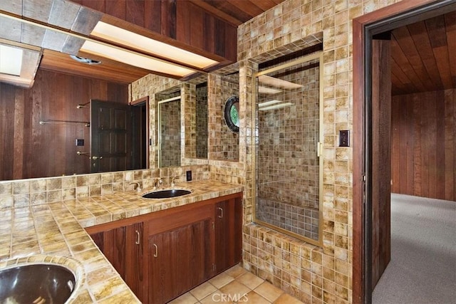 29240 Palos Verdes Dr E, Rancho Palos Verdes, CA 90275 - bathroom featuring double vanity, wooden ceiling, and wooden walls