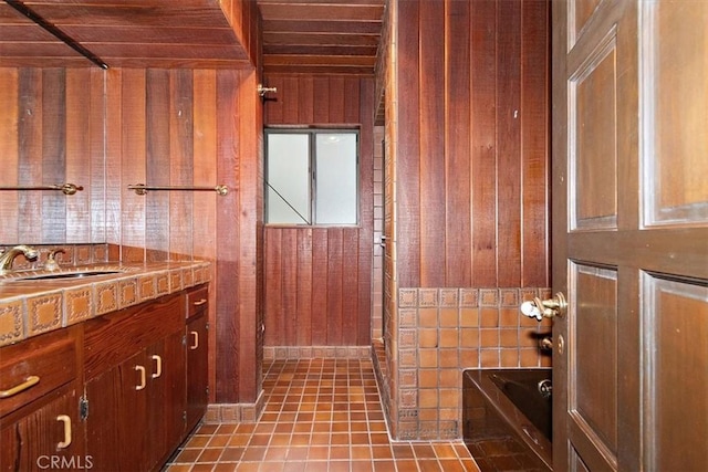 29240 Palos Verdes Dr E, Rancho Palos Verdes, CA 90275 - bathroom with wooden walls, a bath, vanity, and tile patterned flooring