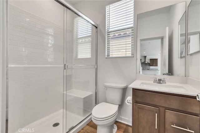 29812 Juniper Ct, Menifee, CA 92584 - bathroom with a shower stall, wood finished floors, and vanity