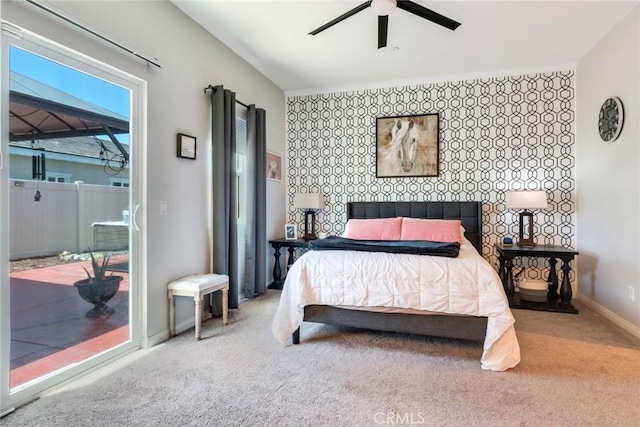 7002 Alice St, Highland, CA 92346 - carpeted bedroom featuring an accent wall, access to outside, and ceiling fan