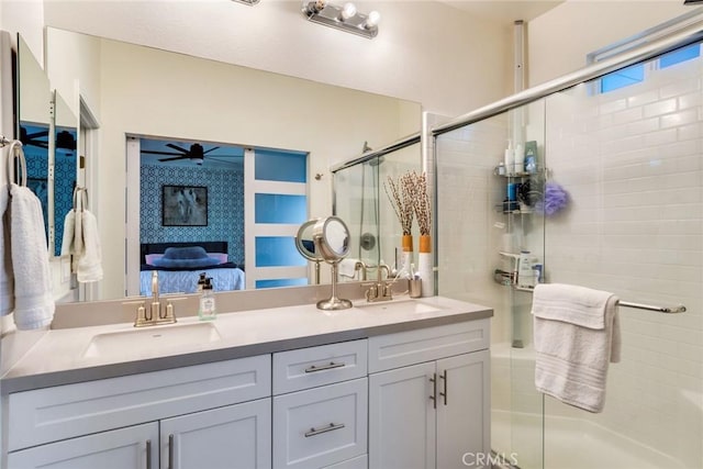 7002 Alice St, Highland, CA 92346 - full bathroom featuring a tile shower, double vanity, and ceiling fan