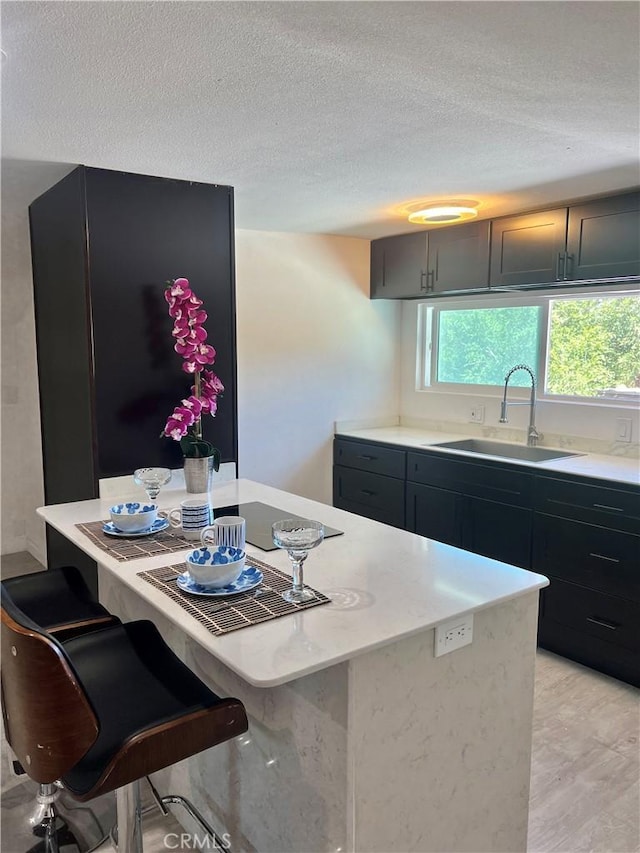 54279 Bautista Canyond Rd, Anza, CA 92539 - kitchen featuring a textured ceiling, a breakfast bar, and light stone counters