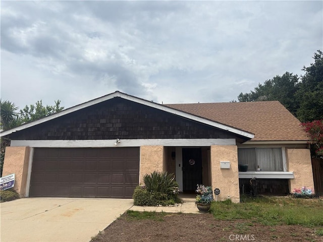 1859 E 7th St, Ontario, CA 91764 - ranch-style home featuring driveway, an attached garage, stucco siding, and a shingled roof