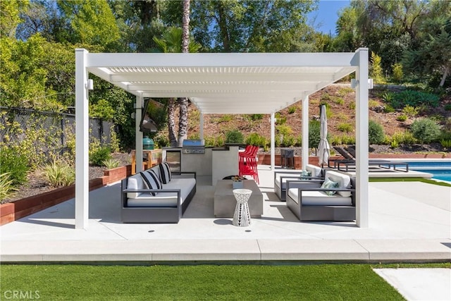 19258 Berclair Ln, Tarzana, CA 91356 - view of patio featuring an outdoor hangout area, exterior kitchen, an outdoor pool, and a pergola