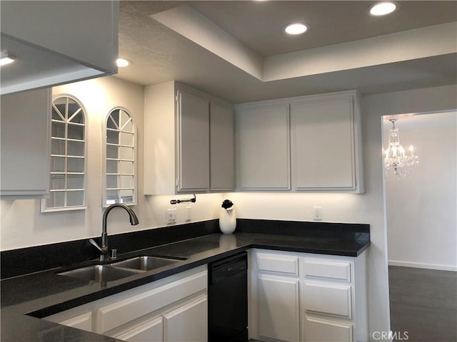 2545 Via Campesina Unit 102, Palos Verdes Estates, CA 90274 - kitchen with dishwasher, dark countertops, a chandelier, white cabinetry, and recessed lighting