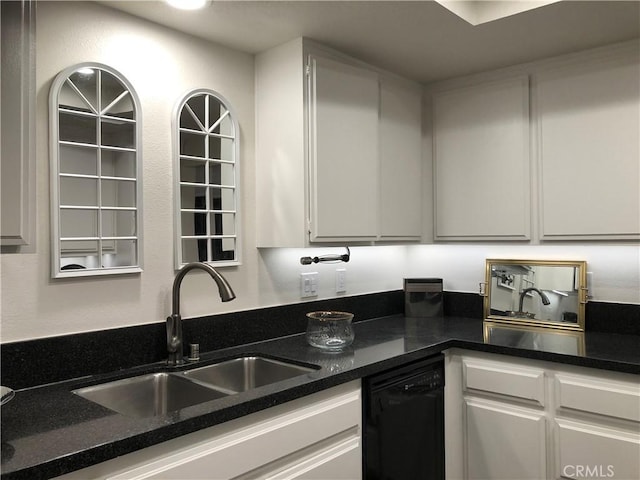 2545 Via Campesina Unit 102, Palos Verdes Estates, CA 90274 - kitchen featuring black dishwasher, white cabinets, and dark stone countertops
