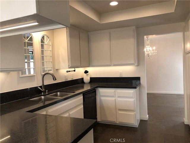 2545 Via Campesina Unit 102, Palos Verdes Estates, CA 90274 - kitchen with white cabinetry, a chandelier, a raised ceiling, recessed lighting, and dishwasher