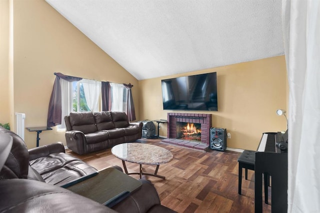 1861 Katella St, San Diego, CA 92154 - living room with a brick fireplace, lofted ceiling, radiator, and wood finished floors