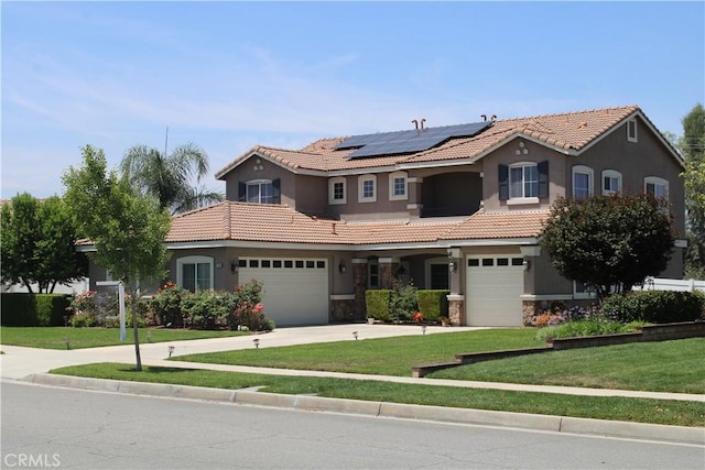 1539 Carmel Ct, Redlands, CA 92374 - mediterranean / spanish house featuring stucco siding, a front yard, and a tiled roof