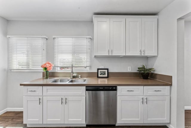 4117 Jamul Ave, San Diego, CA 92113 - kitchen featuring stainless steel dishwasher, white cabinetry, and dark wood-type flooring