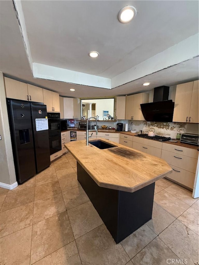 22241 Birchleaf, Mission Viejo, CA 92692 - kitchen with black appliances, wall chimney range hood, a raised ceiling, a center island with sink, and recessed lighting