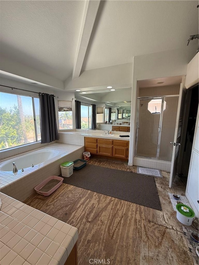 22241 Birchleaf, Mission Viejo, CA 92692 - bathroom featuring a shower stall, a garden tub, and vanity