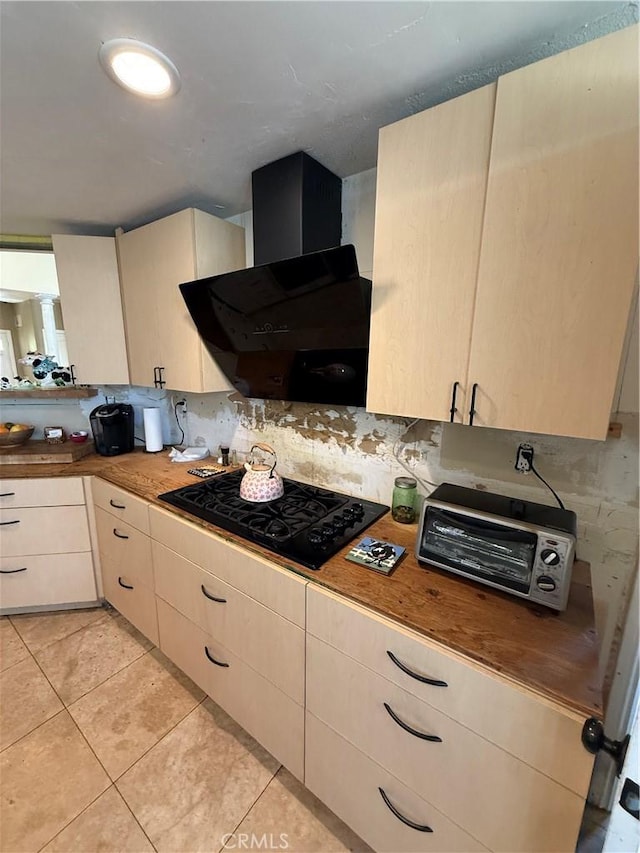 22241 Birchleaf, Mission Viejo, CA 92692 - kitchen with black gas stovetop, exhaust hood, decorative backsplash, and light tile patterned floors