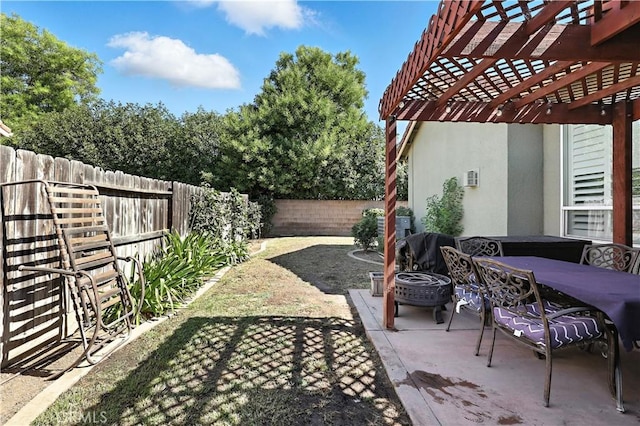 17024 Granite Falls Way, Chowchilla, CA 93610 - fenced backyard with a patio area, a pergola, an outdoor fire pit, and outdoor dining area