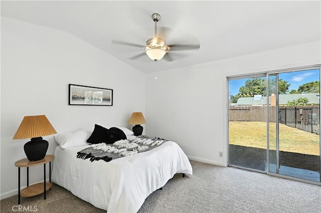 3537 Trinity Ct, Merced, CA 95340 - carpeted bedroom with access to outside, vaulted ceiling, and ceiling fan