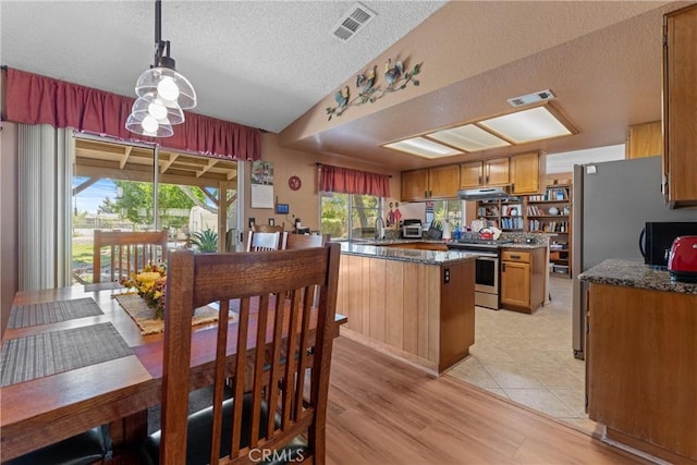 36916 95th St E, Littlerock, CA 93543 - kitchen with appliances with stainless steel finishes, under cabinet range hood, a textured ceiling, light wood-style floors, and vaulted ceiling