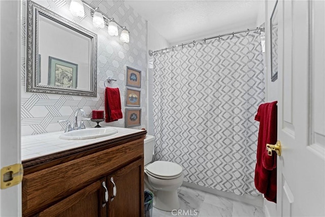 36916 95th St E, Littlerock, CA 93543 - full bath featuring vanity, a shower with shower curtain, and marble look tiles