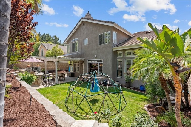 27318 Chesterfield Dr, Valencia, CA 91354 - rear view of house featuring a patio, stucco siding, a pergola, and a tiled roof