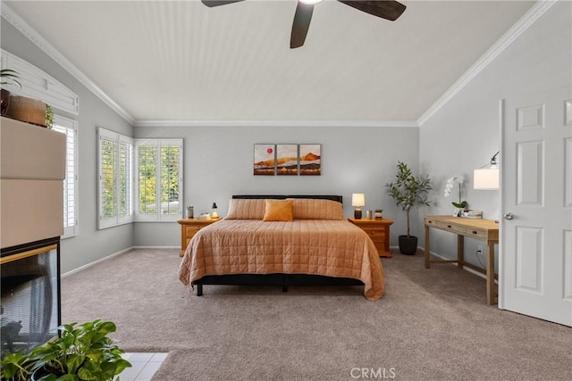 27318 Chesterfield Dr, Valencia, CA 91354 - bedroom featuring carpet, vaulted ceiling, crown molding, and ceiling fan