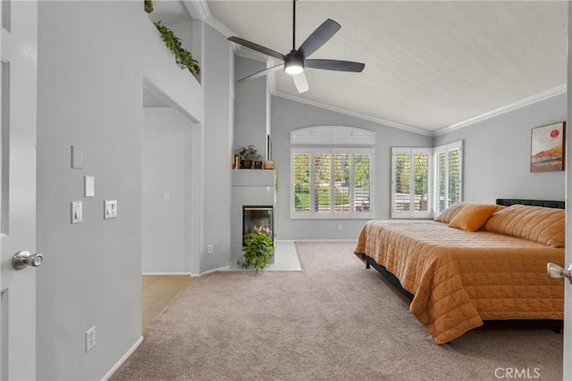 27318 Chesterfield Dr, Valencia, CA 91354 - bedroom featuring carpet flooring, vaulted ceiling, a tiled fireplace, ceiling fan, and crown molding
