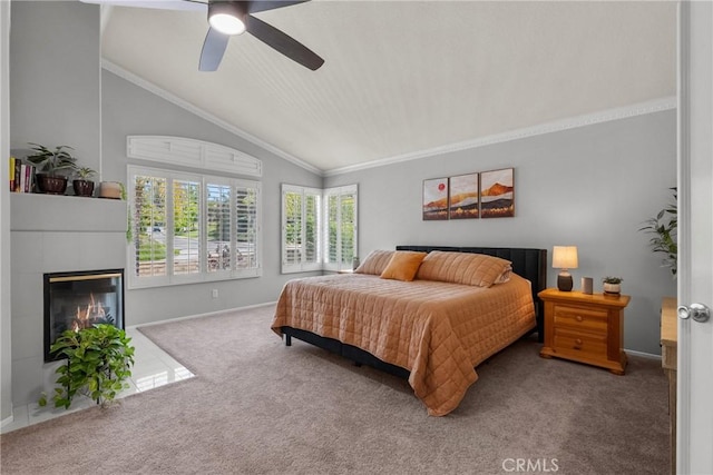 27318 Chesterfield Dr, Valencia, CA 91354 - bedroom with carpet, lofted ceiling, crown molding, a tile fireplace, and a ceiling fan