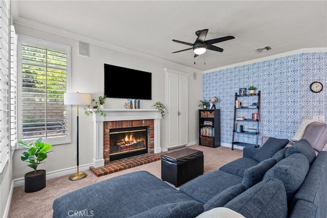 27318 Chesterfield Dr, Valencia, CA 91354 - living room with carpet floors, a brick fireplace, a ceiling fan, and ornamental molding