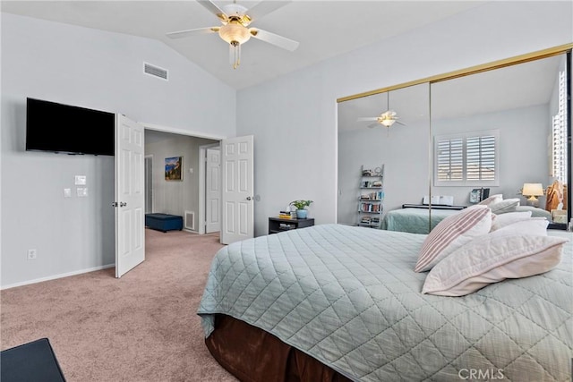 27318 Chesterfield Dr, Valencia, CA 91354 - carpeted bedroom featuring ceiling fan, high vaulted ceiling, and a closet