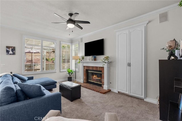 27318 Chesterfield Dr, Valencia, CA 91354 - living room with ornamental molding, a ceiling fan, a brick fireplace, and carpet flooring