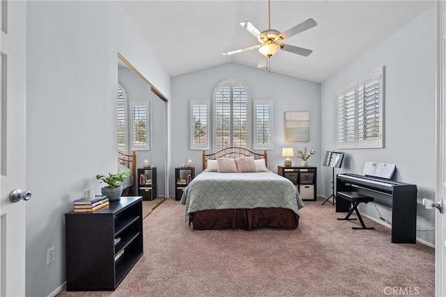 27318 Chesterfield Dr, Valencia, CA 91354 - bedroom featuring vaulted ceiling, light carpet, a closet, and a ceiling fan