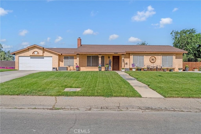 36807 95th St E, Littlerock, CA 93543 - ranch-style home featuring stucco siding, an attached garage, concrete driveway, and a chimney