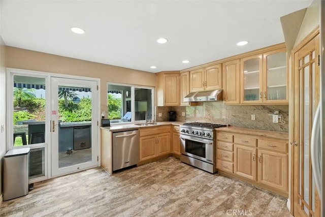 6200 Fairlynn Blvd, Yorba Linda, CA 92886 - kitchen featuring appliances with stainless steel finishes, under cabinet range hood, light brown cabinets, backsplash, and recessed lighting