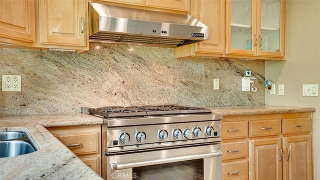 6200 Fairlynn Blvd, Yorba Linda, CA 92886 - kitchen featuring exhaust hood, high end stainless steel range oven, backsplash, glass insert cabinets, and light stone counters