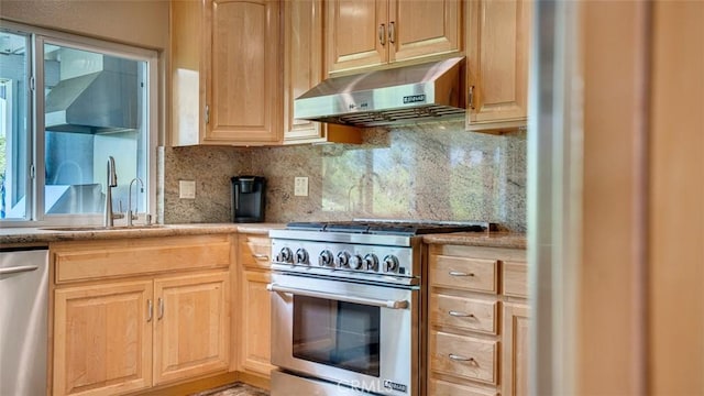 6200 Fairlynn Blvd, Yorba Linda, CA 92886 - kitchen featuring stainless steel appliances, extractor fan, light brown cabinets, and backsplash