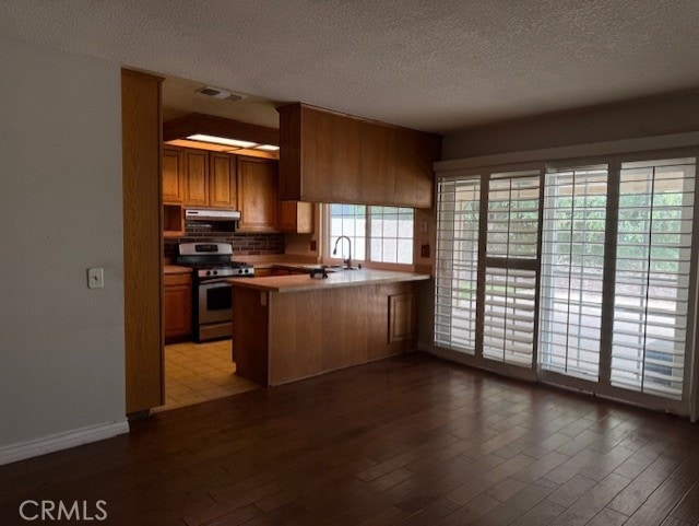 8641 Limestone Dr, Riverside, CA 92504 - kitchen featuring gas stove, under cabinet range hood, a peninsula, wood finished floors, and a textured ceiling