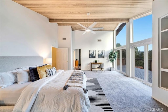 23216 Park Esperanza, Calabasas, CA 91302 - bedroom featuring high vaulted ceiling, carpet flooring, a wooden ceiling with exposed beams, and access to outside