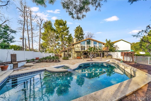 23216 Park Esperanza, Calabasas, CA 91302 - view of pool with a fenced backyard, a deck, stairs, a pool with connected hot tub, and a patio