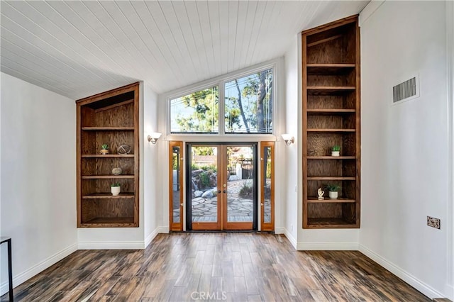 23216 Park Esperanza, Calabasas, CA 91302 - entryway featuring dark wood-style flooring, french doors, built in shelves, and wood ceiling